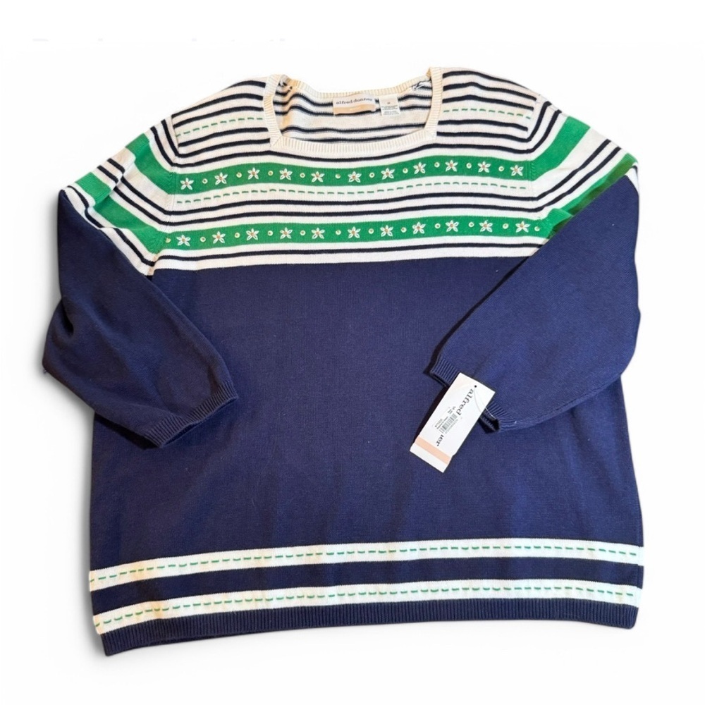 Alfred Dunner Navy and Green embroidered and beaded Striped Sweater size 2X